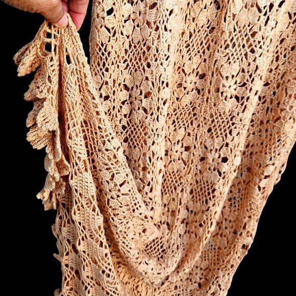 70s Hand Crochet Neutral Beige Maxi Floral Bell Sleeve Boho Volup XL–5X NWOT - Picture 3 of 12